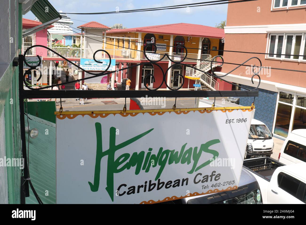 Sign for Hemingways Caribbean cafe in St John's Antigua and Barbuda Stock Photo