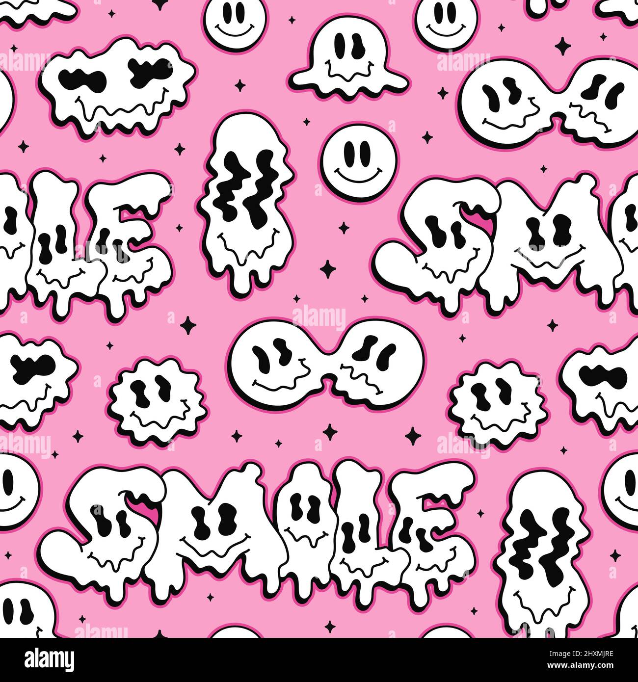 Funny melt warp smile faces,psychedelic emoji seamless pattern.Vector cool cartoon character illustration.Smile faces graphic,melt,acid,drugs,60s,70s,90s trippy seamless pattern wallpaper print art Stock Vector