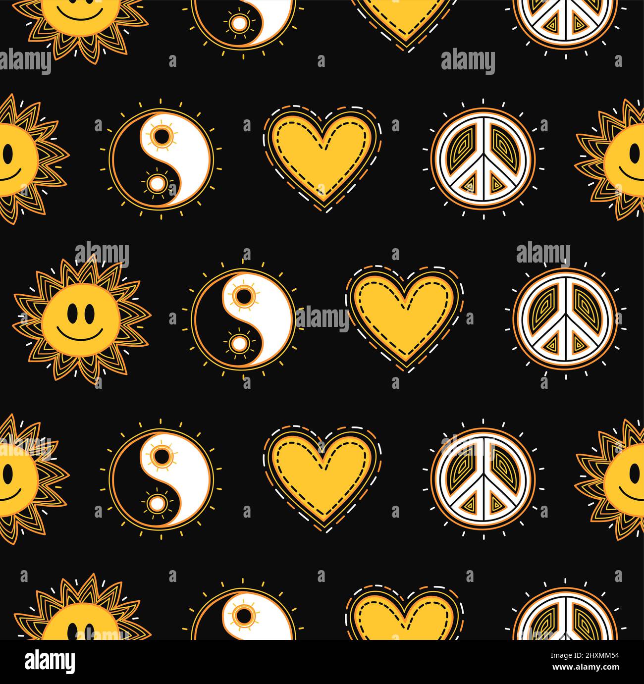 Yin Yang,peace hippie sign,sun seamless pattern.Vector hand drawn cartoon character illustration.Yin Yang,smile face sun,heart,love hippie peace symbol,boho,60s,70s seamless pattern wallpaper print Stock Vector