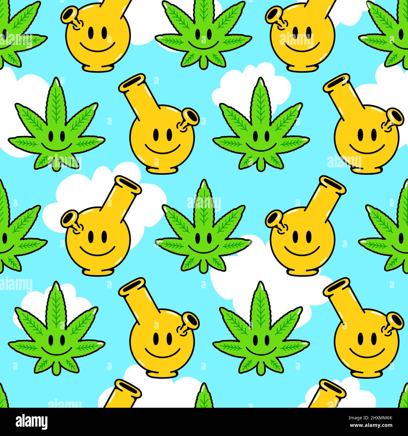 Cute kawaii happy weed leaf,bong,trippy seamless pattern.Vector hand drawn kawaii cartoon character illustration.Smile trippy face,weed,cannabis,marijuana,high,dope seamless pattern concept Stock Vector