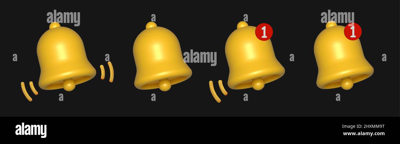 3d render yellow ringing bell with new notification for social media ...