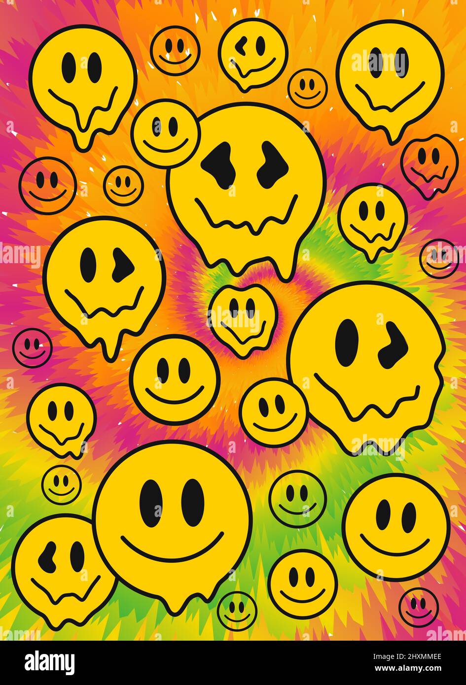 Crazy melt smile faces,tie dye vertical background.Vector tie dye crazy cartoon character illustration.Smile hippie faces,60s melting acid,trippy,tiedye backgroun,pattern,wallpaper print concept Stock Vector