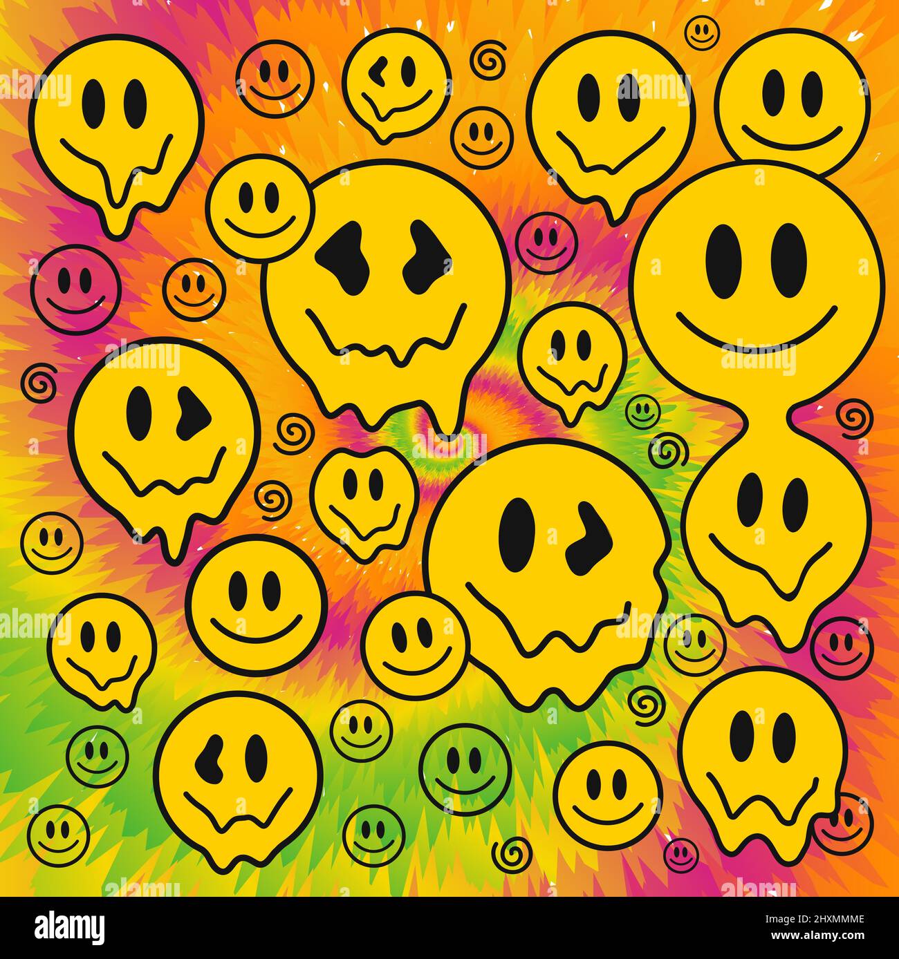Crazy melt smile faces,tie dye background.Vector tie dye crazy cartoon character illustration.Smile faces,60s melting acid,trippy,tiedye backgroun,pattern,wallpaper print concept Stock Vector