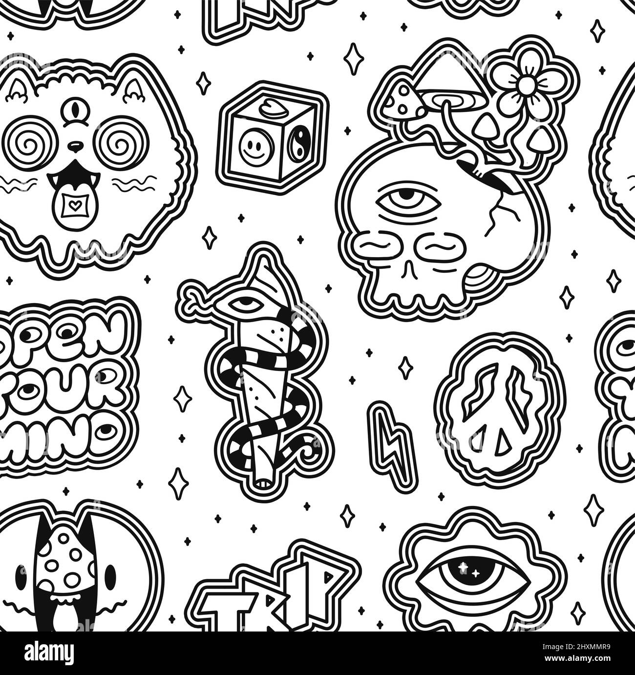 Funny crazy psychedelic seamless pattern. Vector cartoon illustration wallpaper background design. Psychedelic,lsd acid,magic mushrooms print for seamless pattern,page for coloring book concept Stock Vector