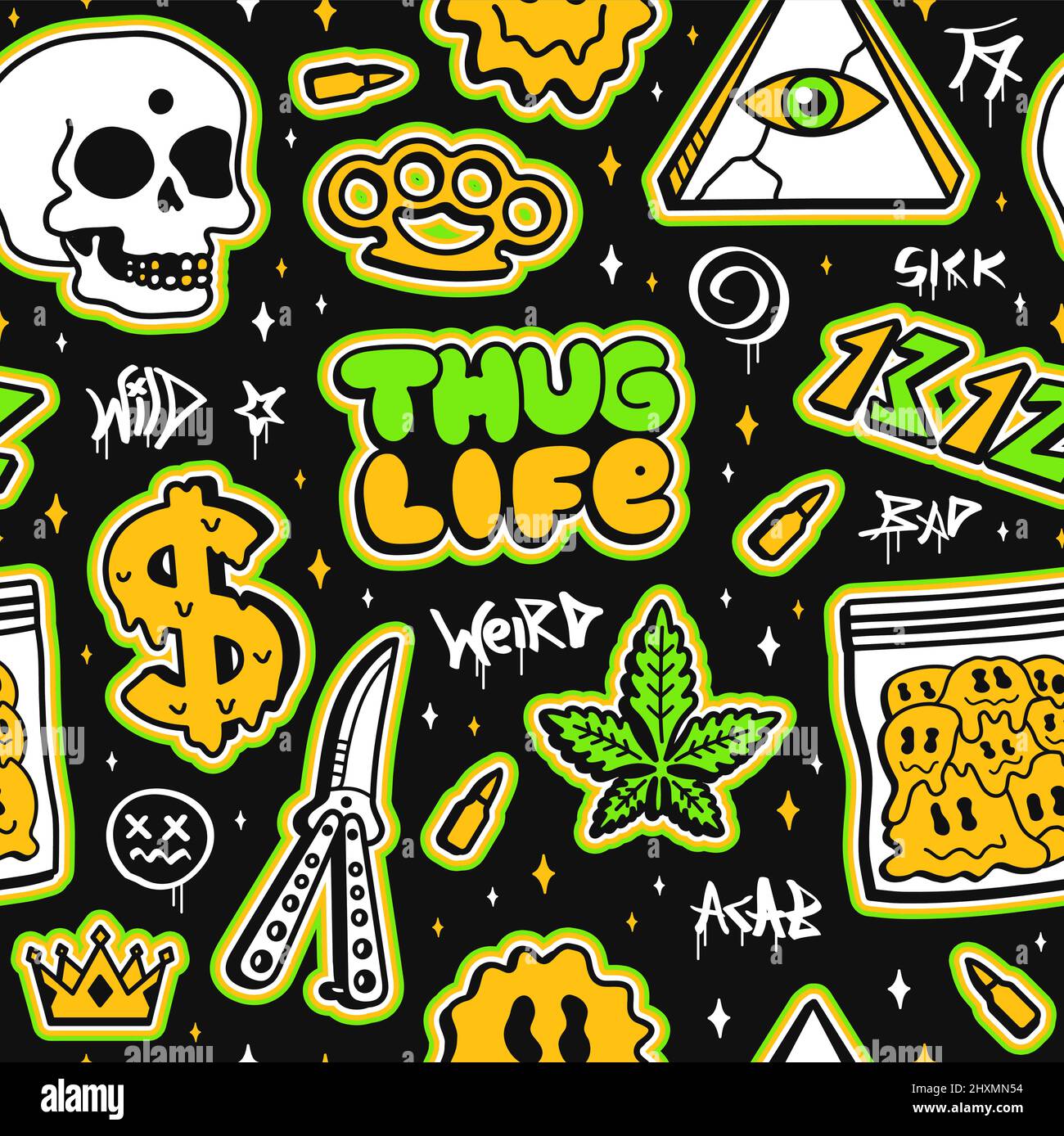 Thug life,street graffiti style fashion seamless pattern. Vector hand drawn doodle cartoon line illustration. Street graffiti style,weed,marijuana,knife,drugs,skull seamless pattern Stock Vector