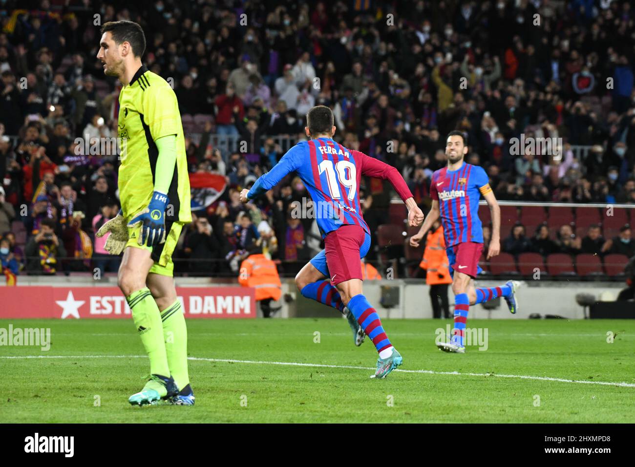 BARCELONA, SPAIN - MARCH 13: Ferran Torres of Barcelona celebrates after scoring a goal (1-0) during La Liga match between Barcelona and Osasuna at Camp Nou stadium on March 13, 2022 in Barcelona, Spain. (Photo by Sara Aribó/Pximages) Stock Photo
