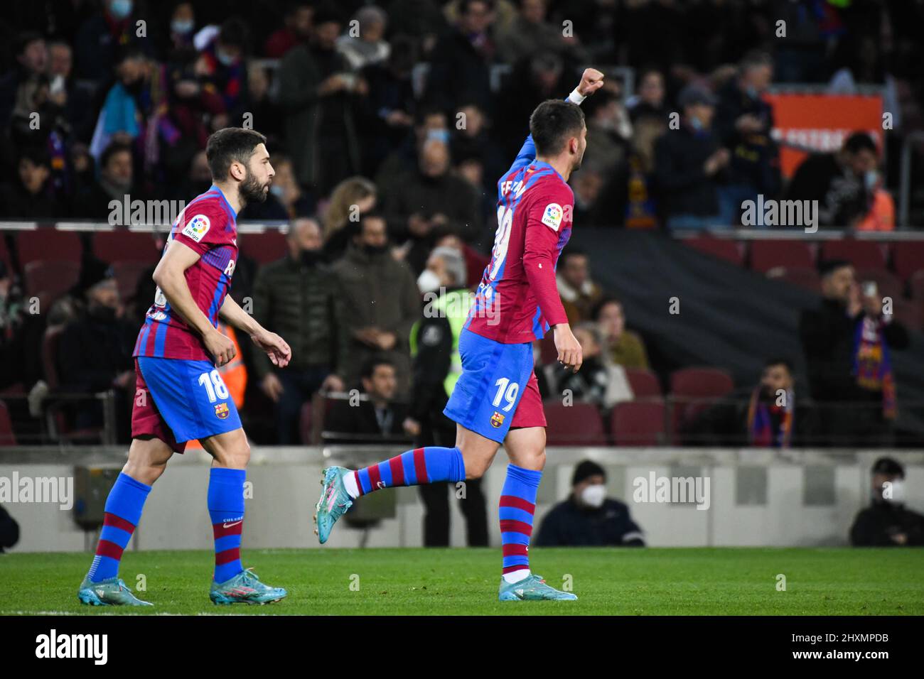 BARCELONA, SPAIN - MARCH 13: Ferran Torres of Barcelona celebrates after scoring a goal (1-0) during La Liga match between Barcelona and Osasuna at Camp Nou stadium on March 13, 2022 in Barcelona, Spain. (Photo by Sara Aribó/Pximages) Stock Photo