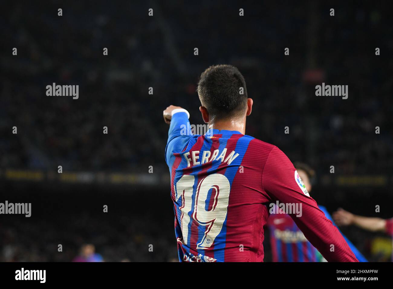 BARCELONA, SPAIN - MARCH 13: Ferran Torres of Barcelona celebrates after scoring a goal (2-0) during La Liga match between Barcelona and Osasuna at Camp Nou stadium on March 13, 2022 in Barcelona, Spain. (Photo by Sara Aribó/Pximages) Stock Photo