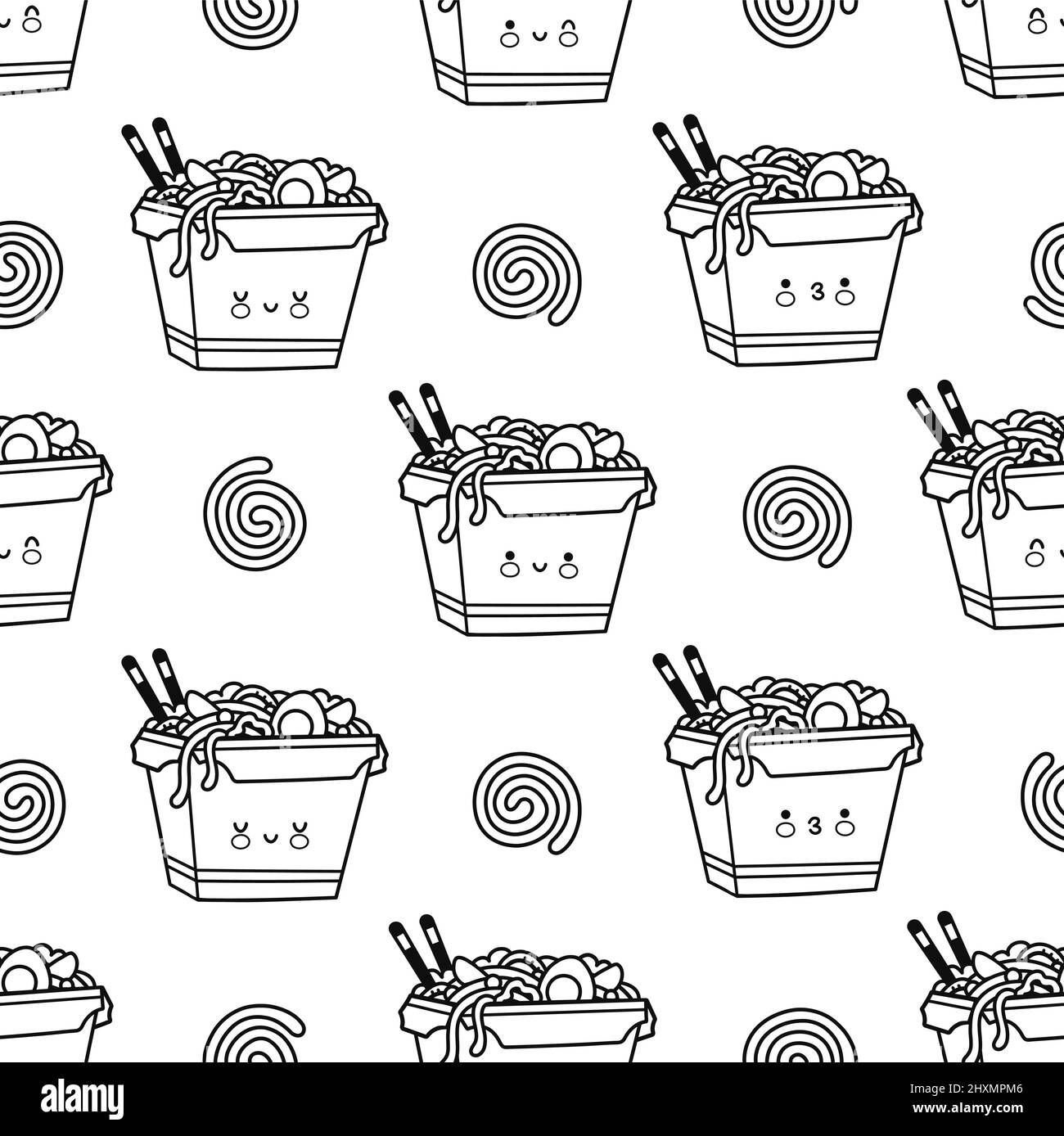 Cute funny happy wok noodle box character seamless pattern.Vector line art page for coloring book.Asian food, noodle, wok box character seamless pattern concept Stock Vector