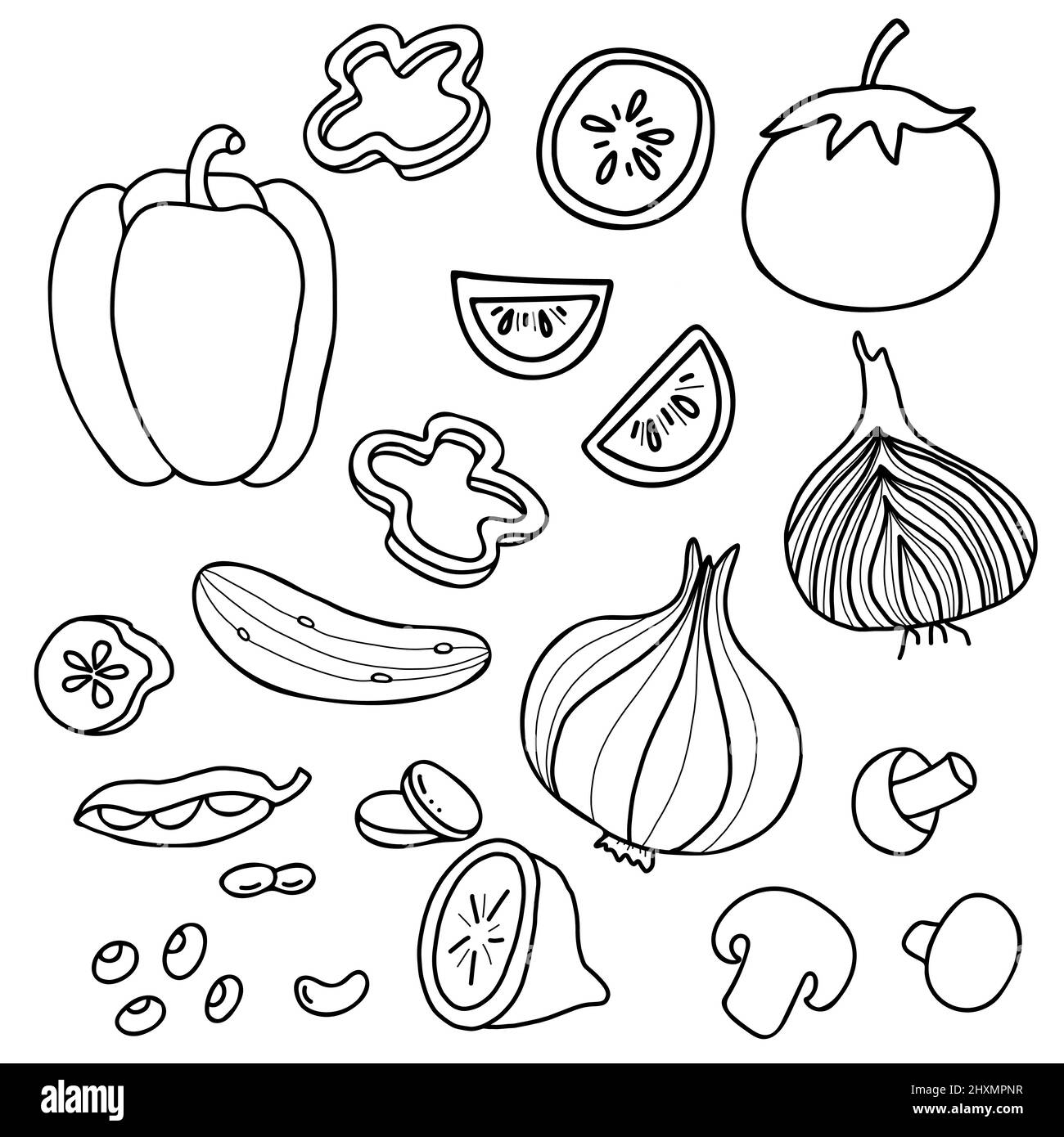 Set of vector vegetables. Cucumber, mushrooms and pea pod, tomato and pepper, onion and lemon. Whole fruits and cut into pieces. Linear isolated hand Stock Vector