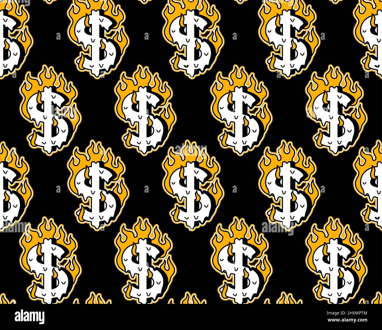 Dollar symbol burn in fire seamless pattern .Vector cartoon graphic illustration wallpaper background design.Dollar,money burn,fire print seamless pattern Stock Vector