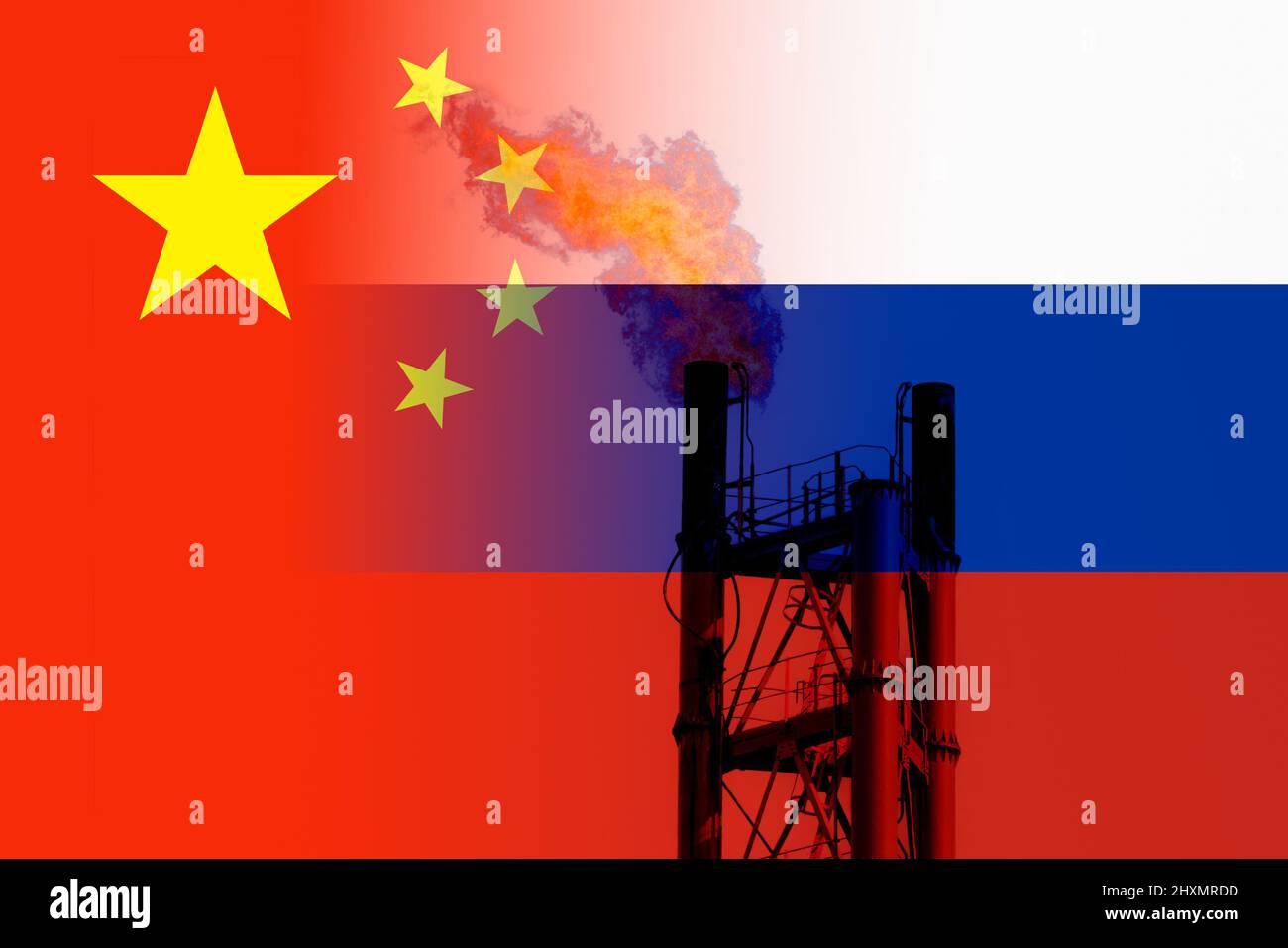 Flags of China and Russia with industrial gas flare stack overlayed. Ukraine conflict, global economy, gas prices, energy, war... concept Stock Photo