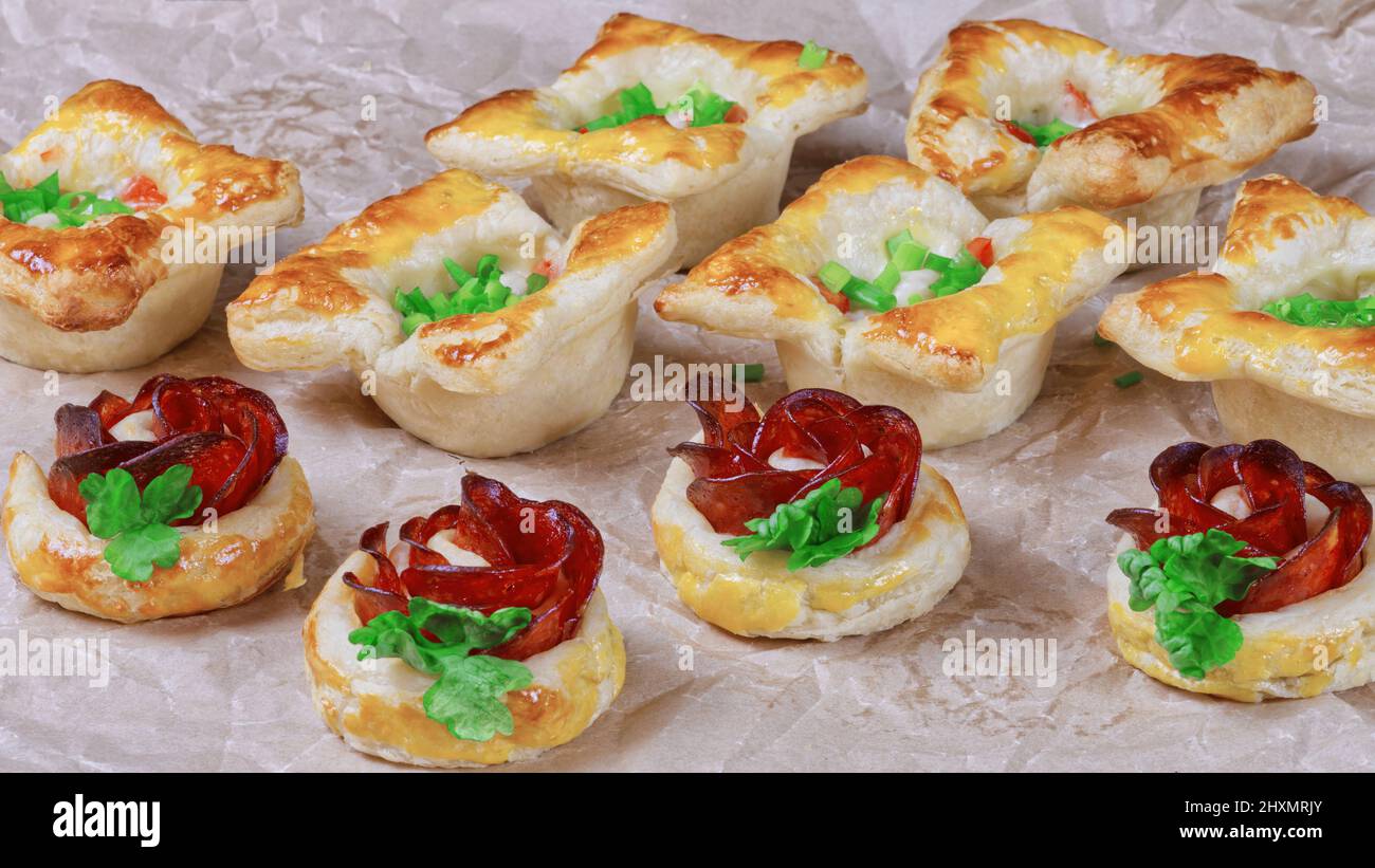 fresh homemade pastries. puff pastry appetizers mix. roseshaped