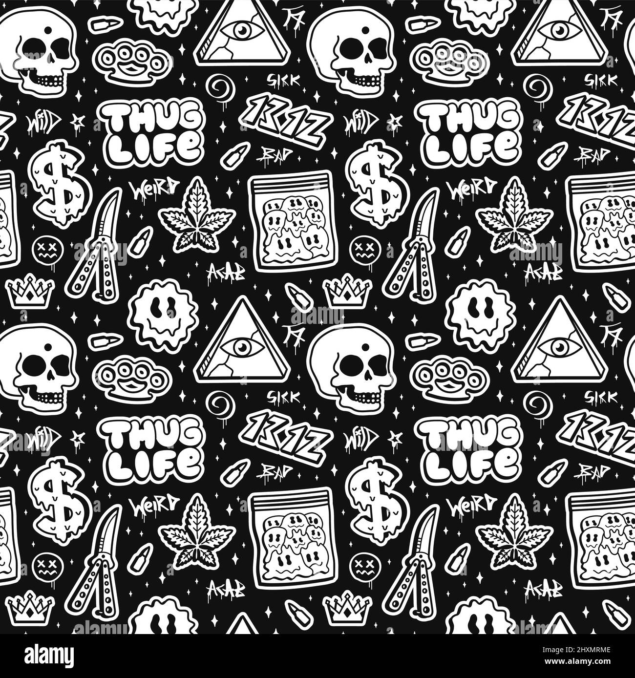 Thug life,street graffiti style fashion seamless pattern. Vector hand drawn doodle cartoon line