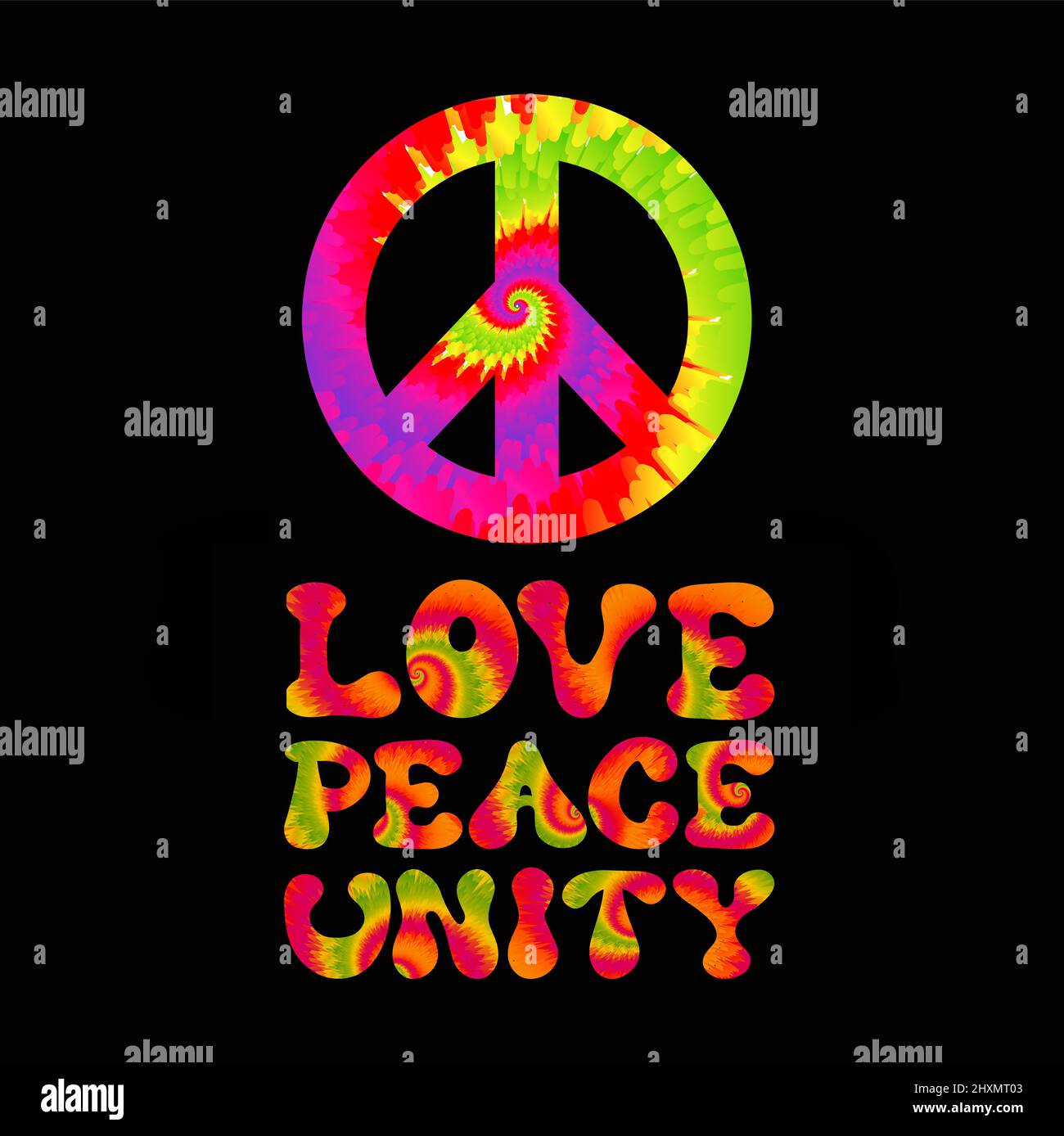 Love,peace,unity quote. Tie dye psychedelic surreal font.Vector ...