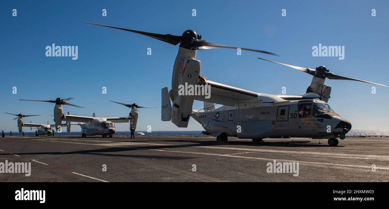 220312-N-ZQ263-1014 PACIFIC OCEAN (Mar. 12, 2022) Three CMV-22B Osprey ...