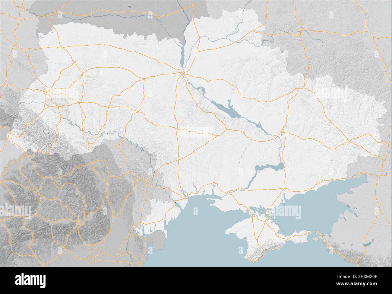 Map of Eastern Europe, Ukraine and neighboring states, satellite view, sides and factions. Allied states. Main roads and urban centers. War map Stock Photo