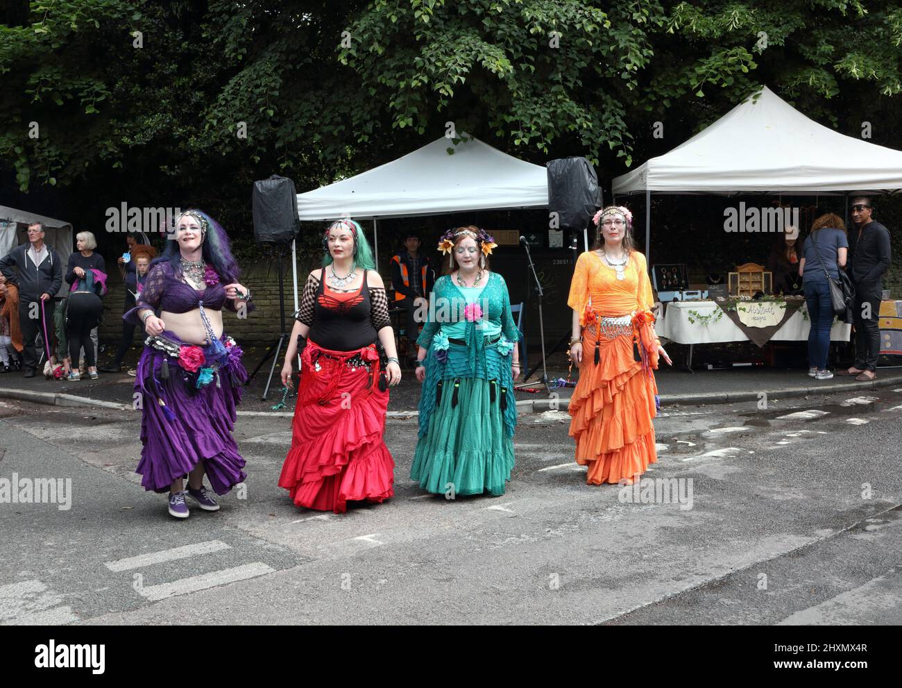 Boomshanka Bellydancers performing at the Nether Edge farmers market in Sheffield England June