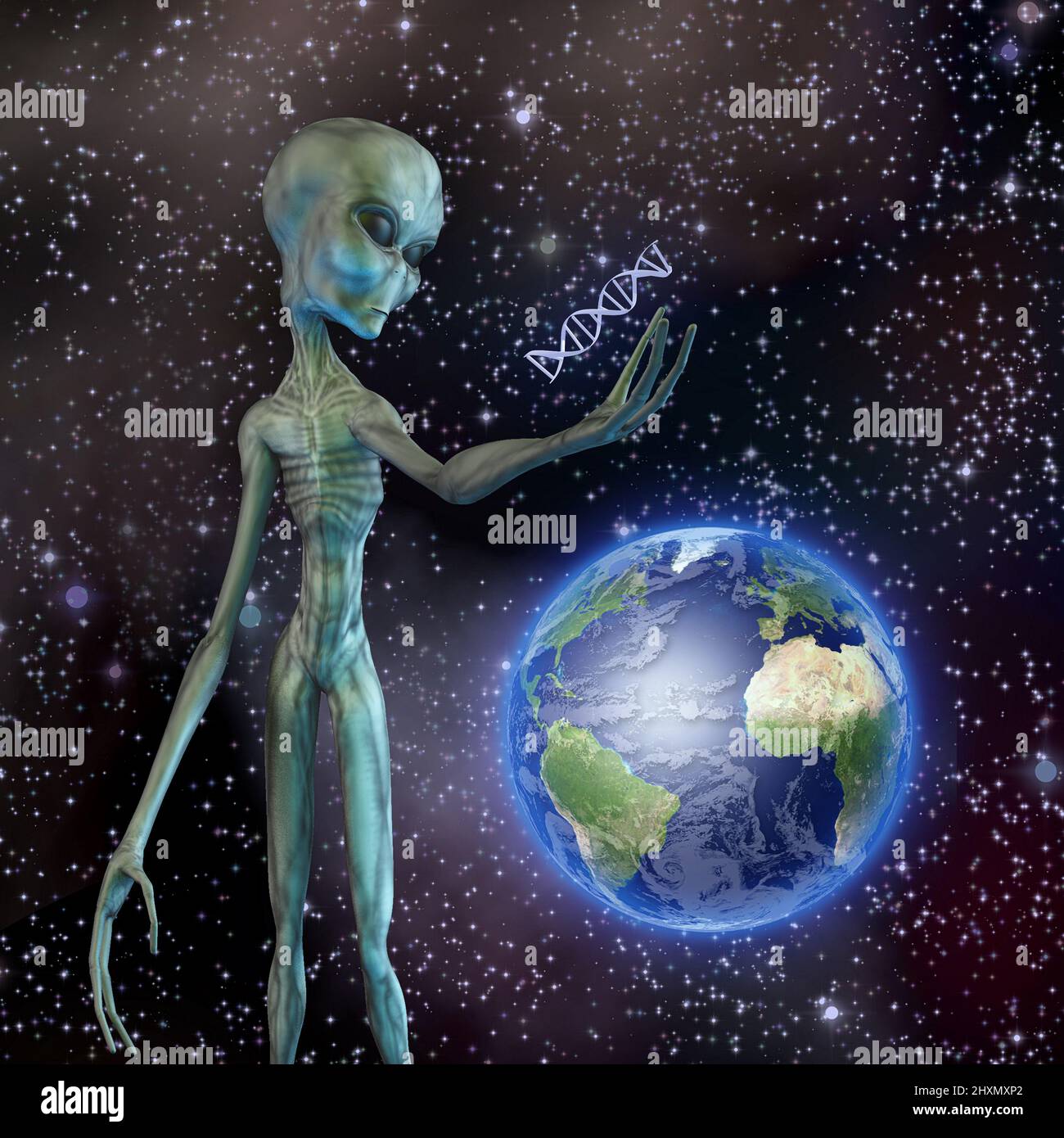 Alien looks at DNA strand. 3D rendering Stock Photo - Alamy