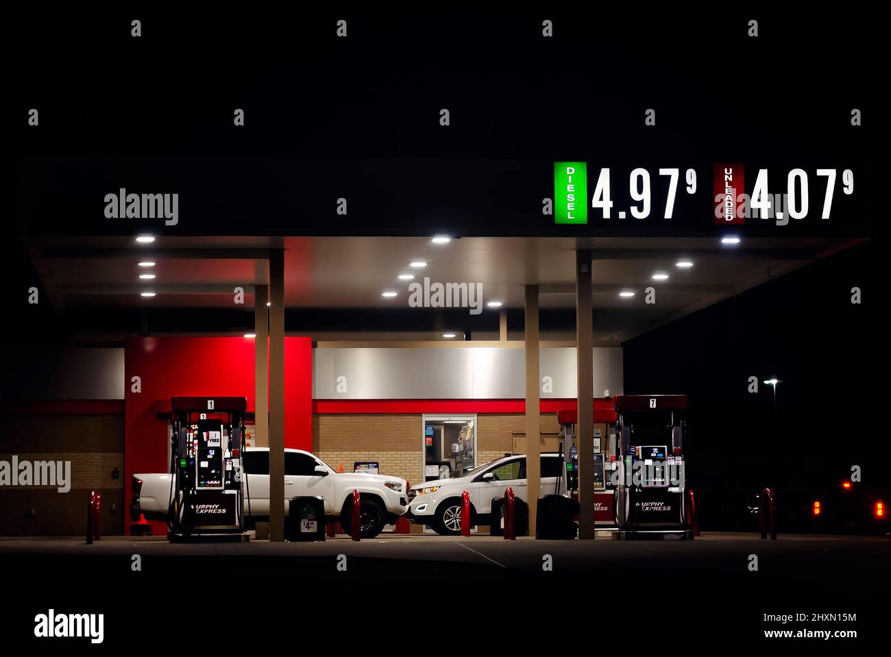 Drivers get gasoline at Murphy Express, March 10, 2022, in Mobile, Alabama. Gas prices recently surged to record levels throughout the United States. Stock Photo