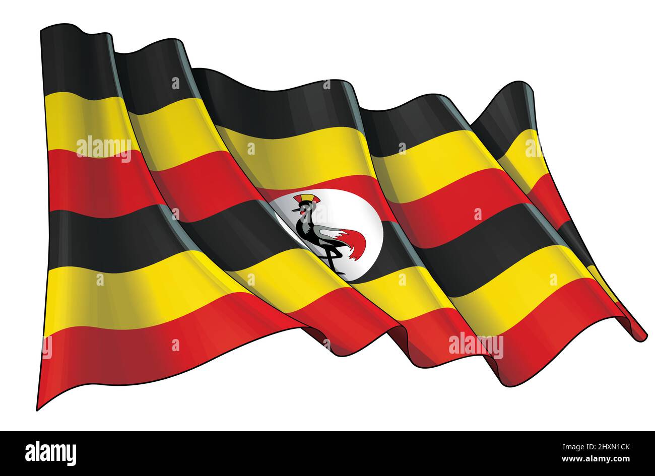 Vector illustration of a Waving Flag of Uganda. All elements neatly on well-defined layers and groups. Stock Vector