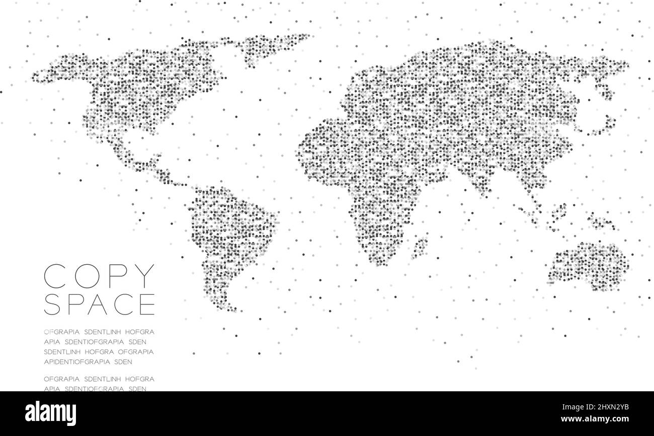 Abstract Geometric Circle dot pixel pattern World Map shape concept design black color illustration on white background with copy space, vector eps 10 Stock Vector