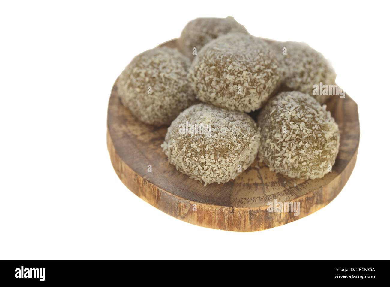 mochi cakes.Coconut mochi isolated on white background. Japanese dessert with coconut Stock Photo