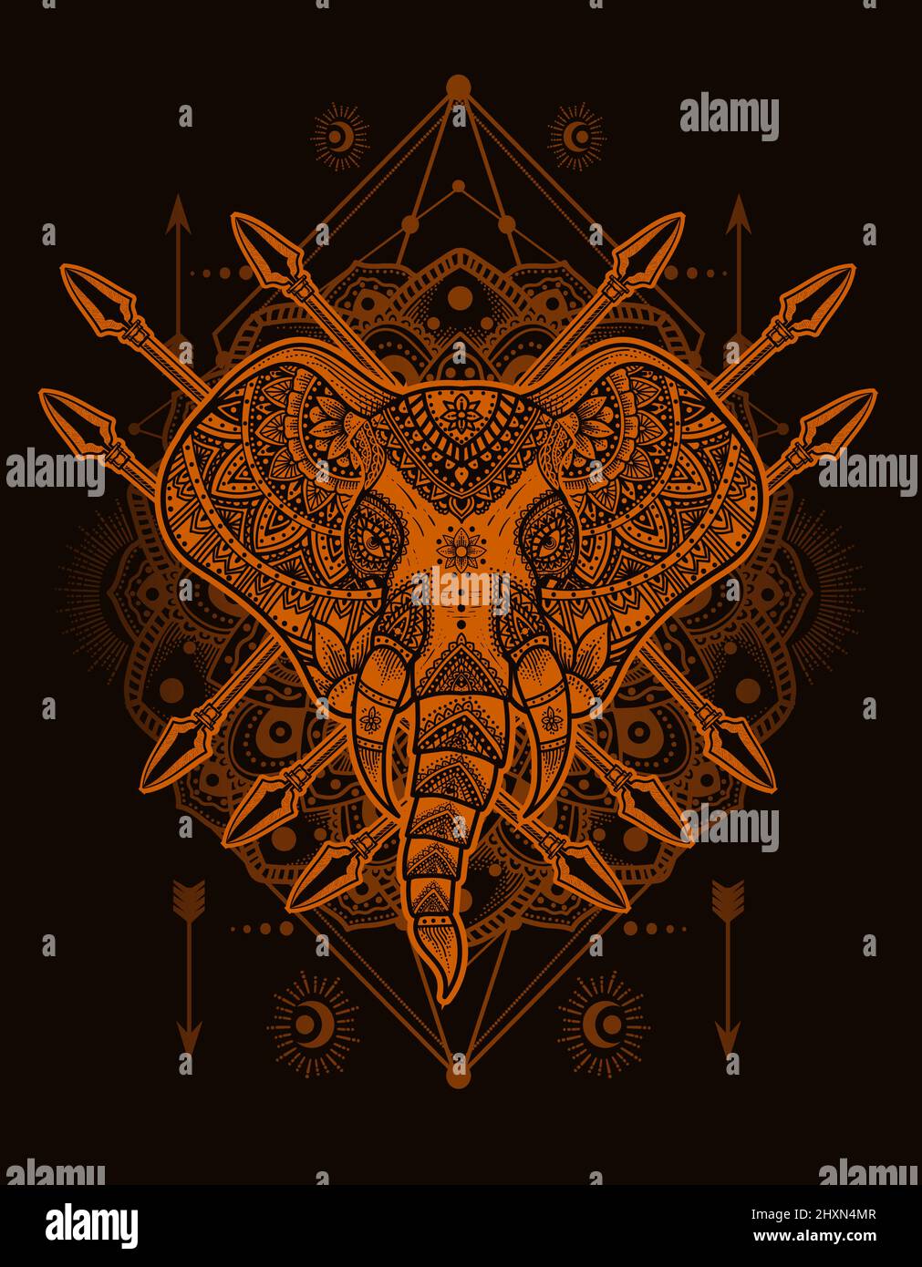 illustration vector elephant head mandala style with vintage engraving ...