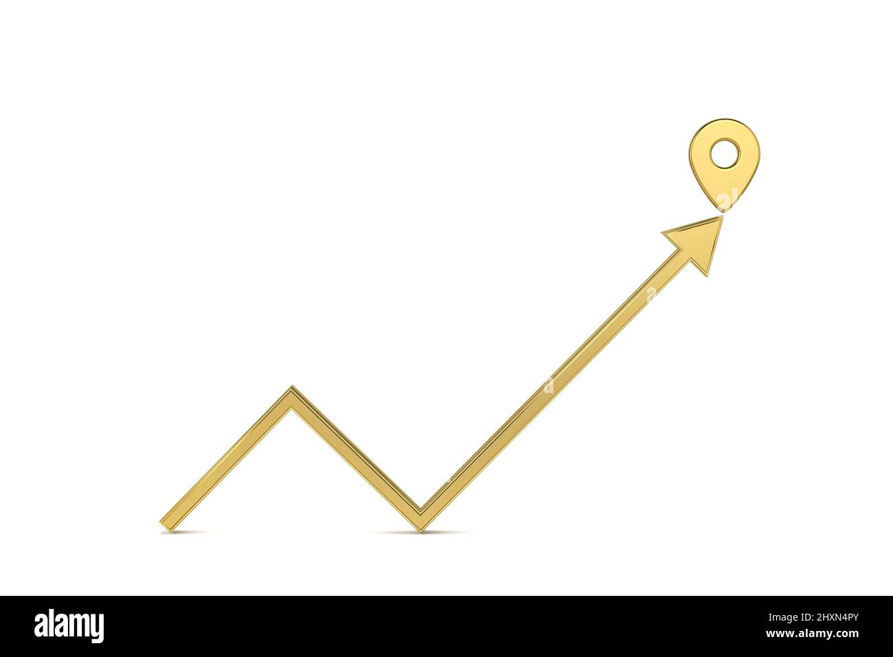 Front view of gold up arrow with gold map pointer 3d pin. Financial success and growth concept. 3D rendering Stock Photo