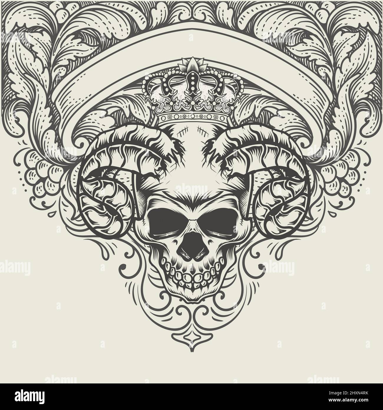 illustration demon skull head with antique engraving ornament Stock ...