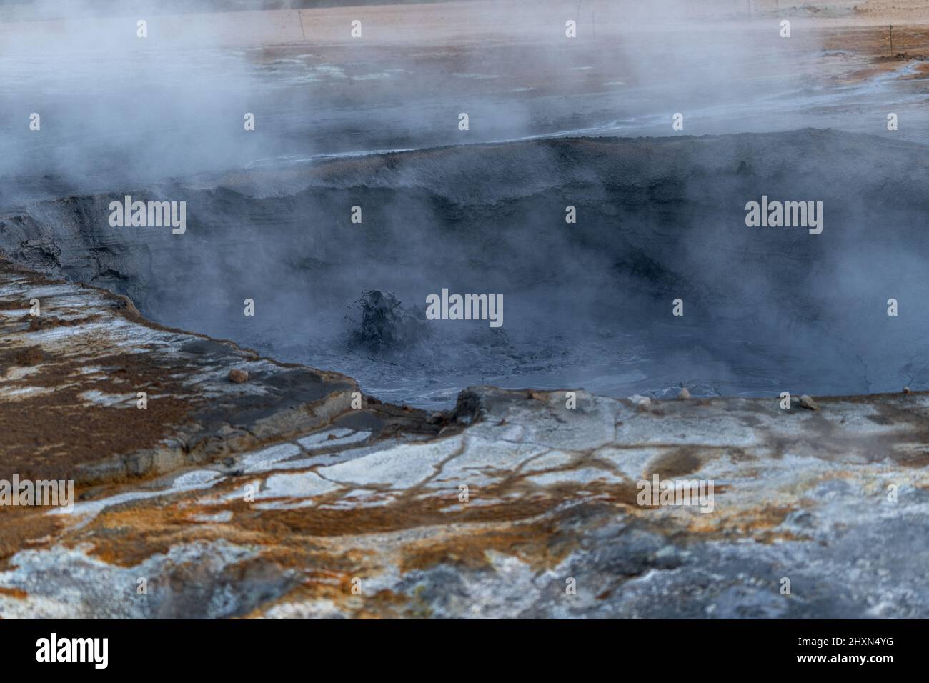 Beautiful aerial view of Namaskard Boiling mud geothermal volcano area in Iceland Stock Photo