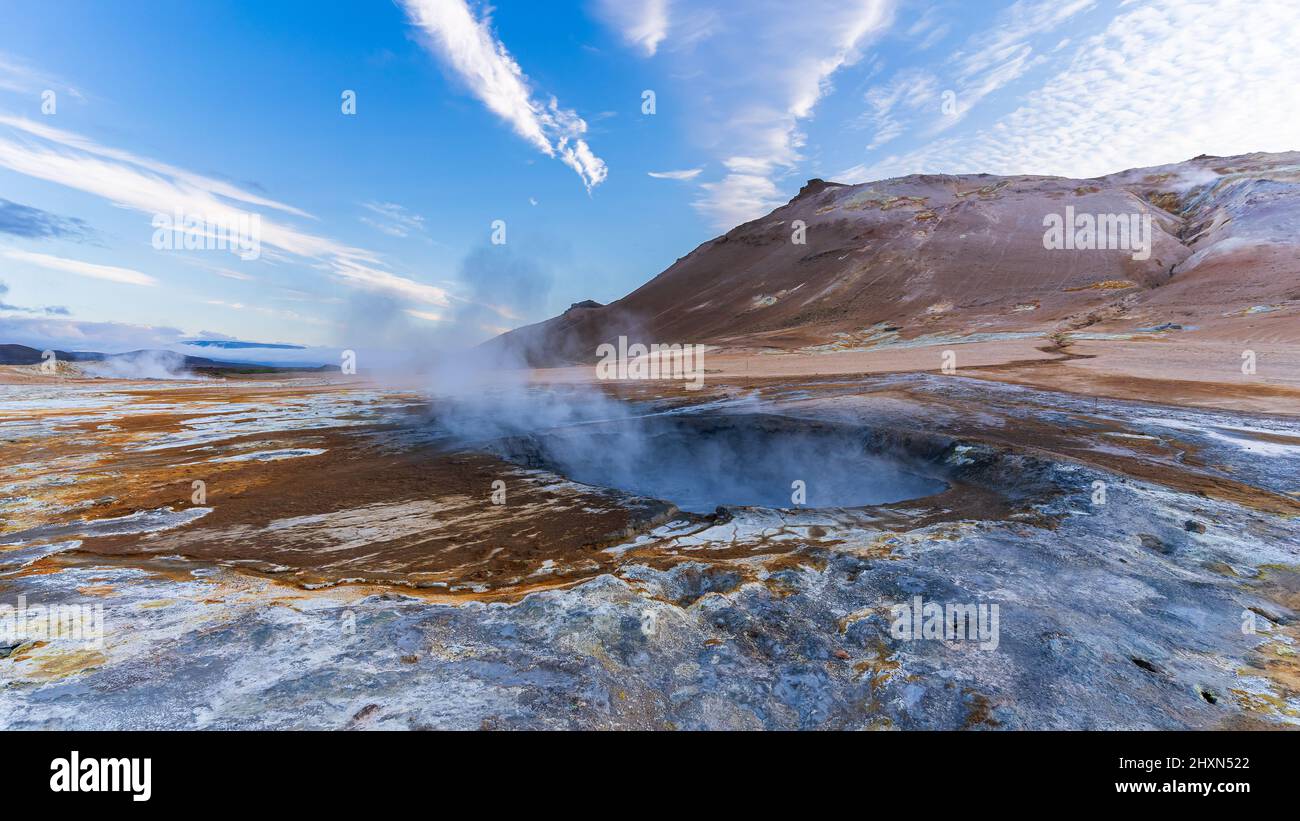 Beautiful aerial view of Namaskard Boiling mud geothermal volcano area in Iceland Stock Photo