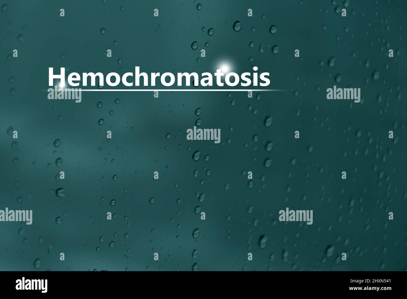 Medical banner 'Hemochromatosis' on blue background with drops and large copy space for text or checklist. Stock Photo