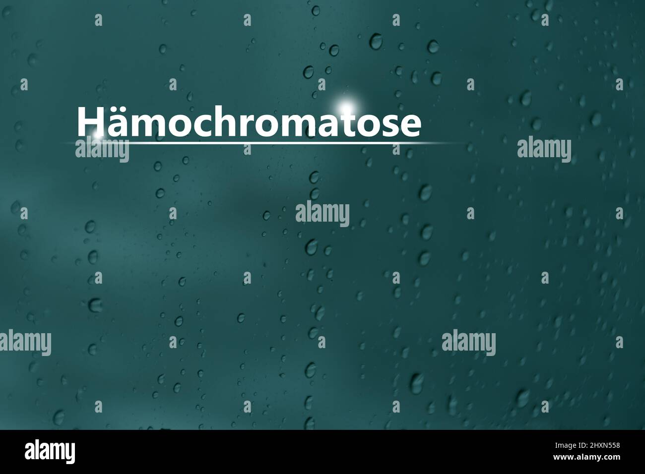 Medical banner 'Hemochromatosis' on blue background with drops and large copy space for text or checklist. Stock Photo