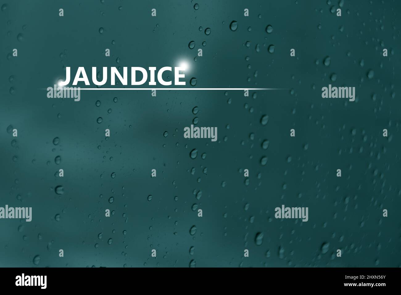 Medical banner 'Jaundice' on blue background with drops and large copy space for text or checklist. Stock Photo