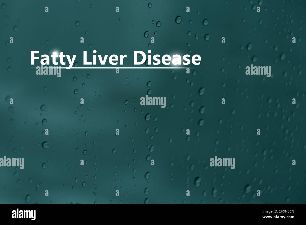 Medical banner 'Fatty liver disease' on blue background with drops and large copy space for text or checklist. Stock Photo