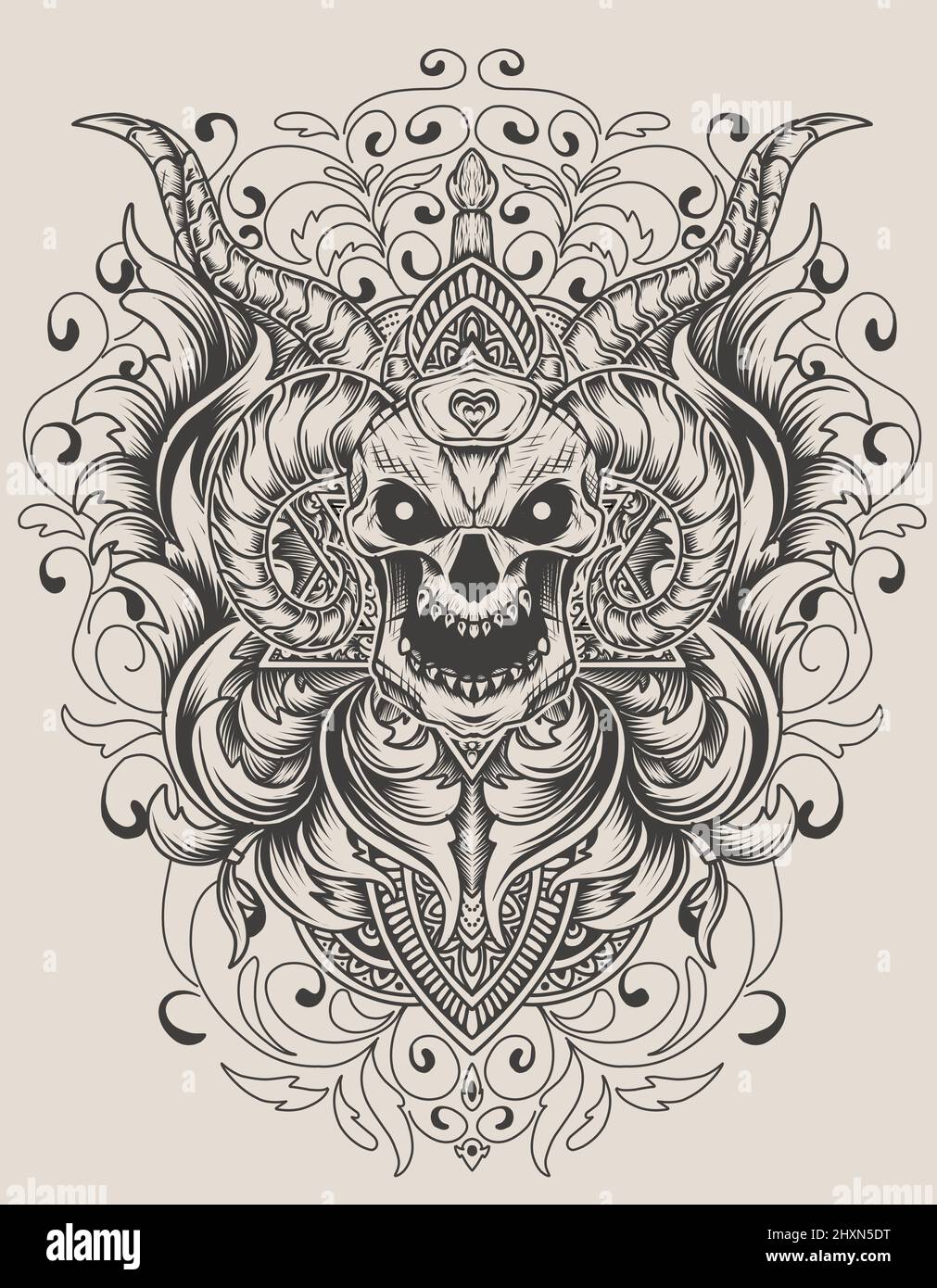 illustration demon skull head with antique engraving ornament Stock ...