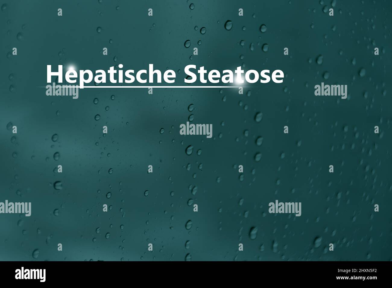 Medical banner 'Hepatic Steatosis' on blue background with drops and large copy space for text or checklist. Stock Photo