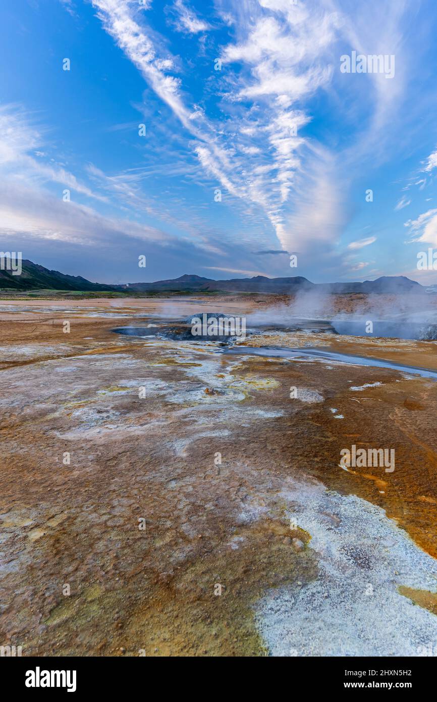 Beautiful aerial view of Namaskard Boiling mud geothermal volcano area