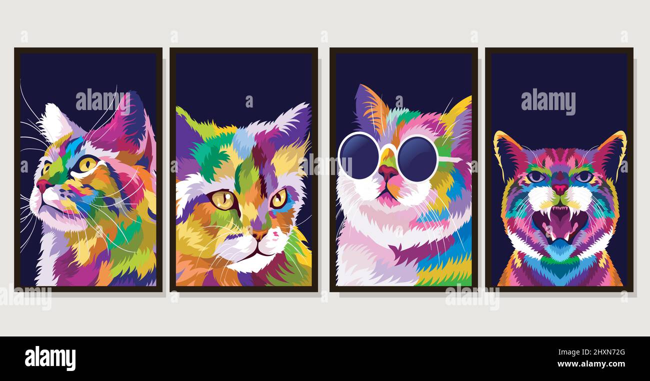 Set illustration colorful cat with pop art style Stock Vector
