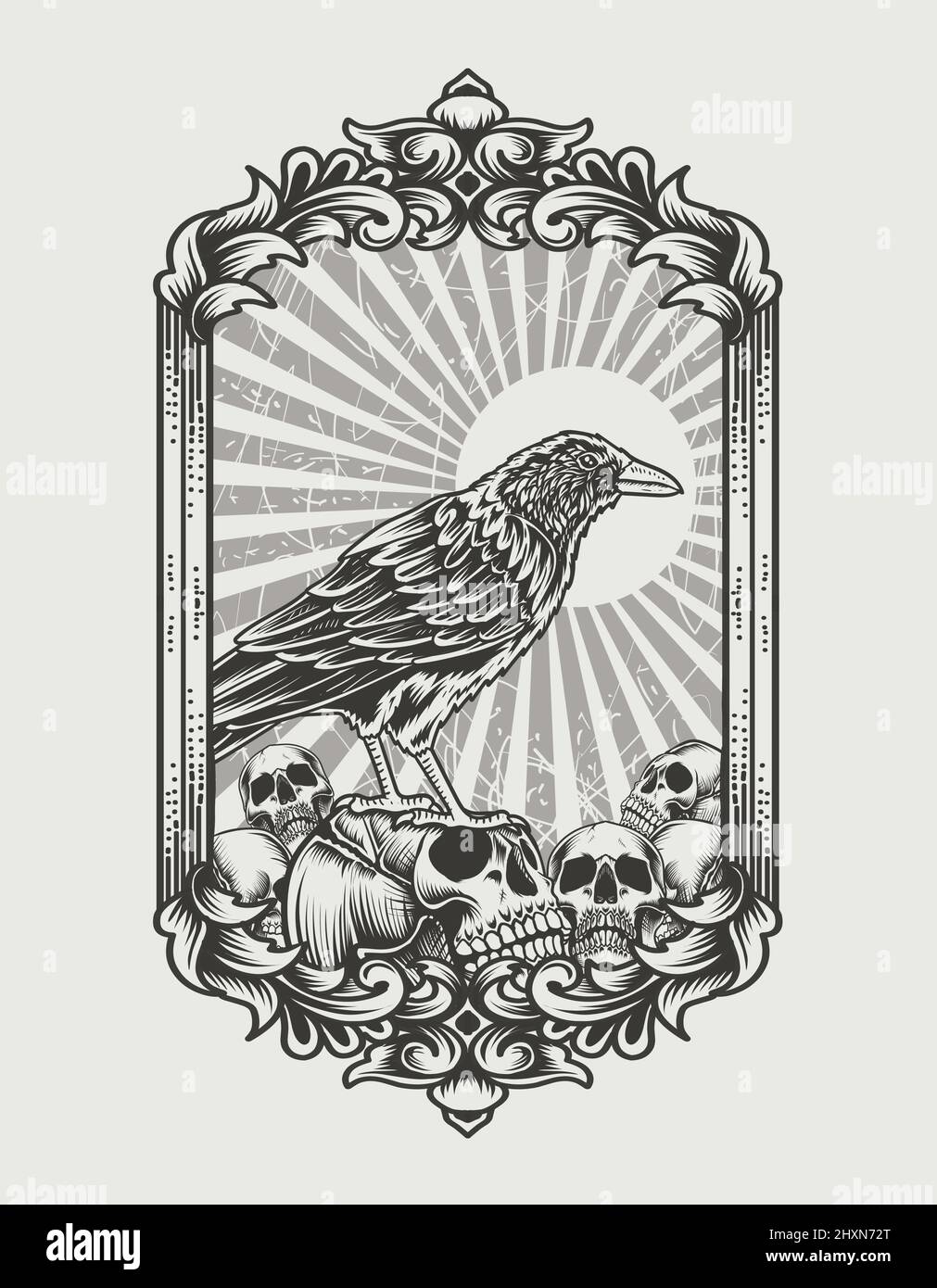 illustration crow bird with skull head monochrome style Stock Vector