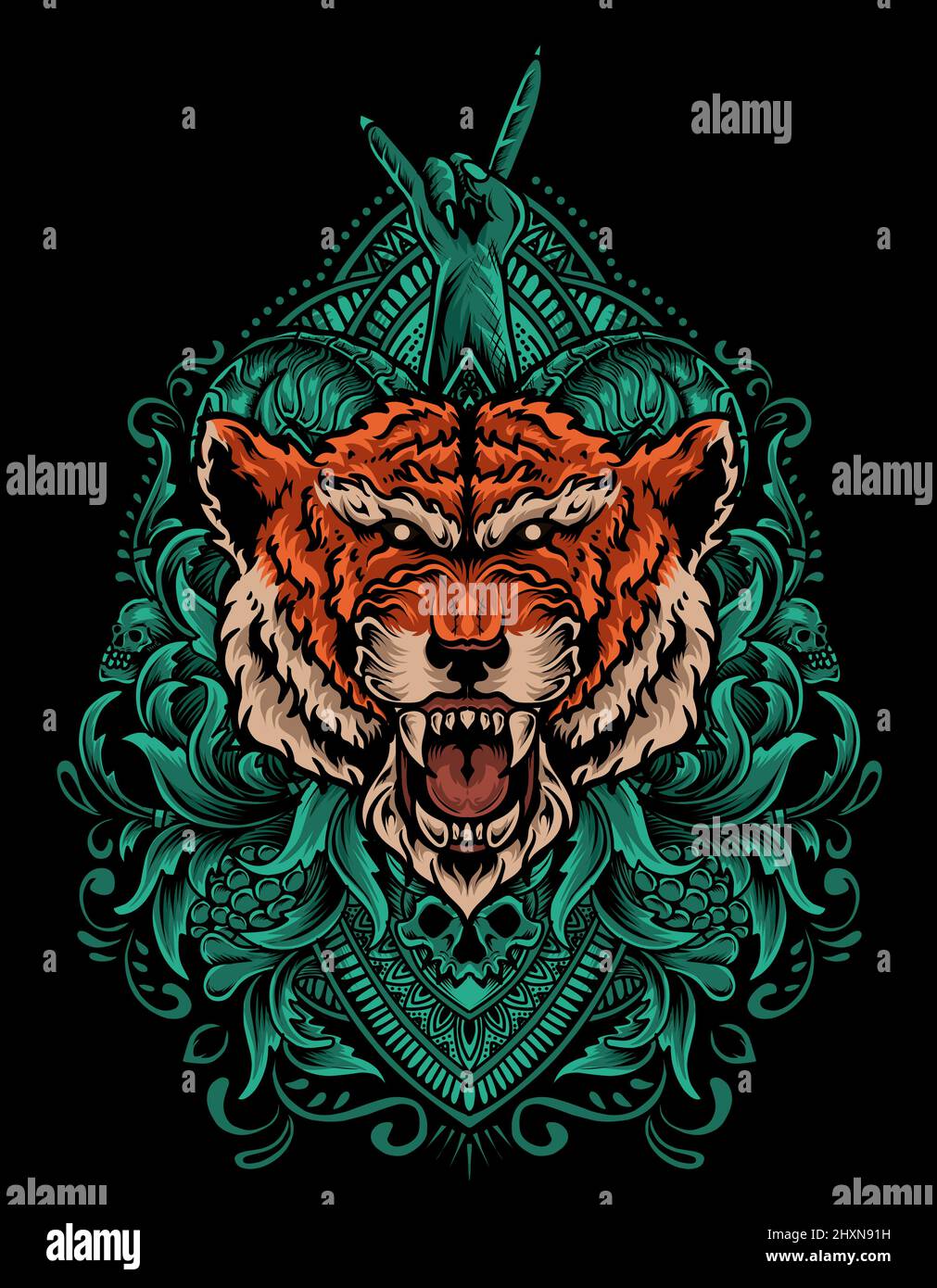 illustration tiger head with vintage engraving ornament Stock Vector