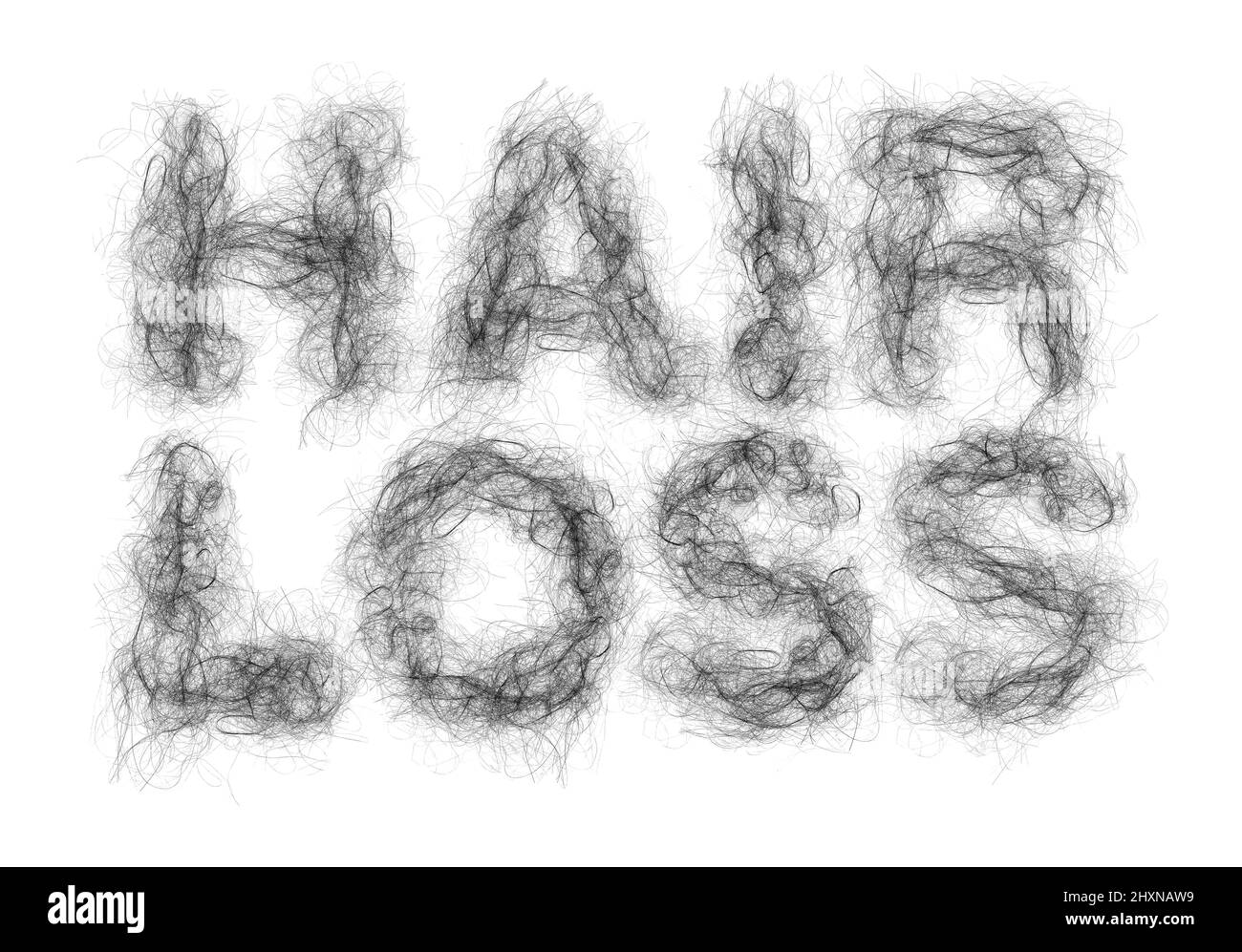 Hair loss or alopecia and balding medical concept as clumps of follicles shaped as text representing a receding hairline with thinning follicles. Stock Photo