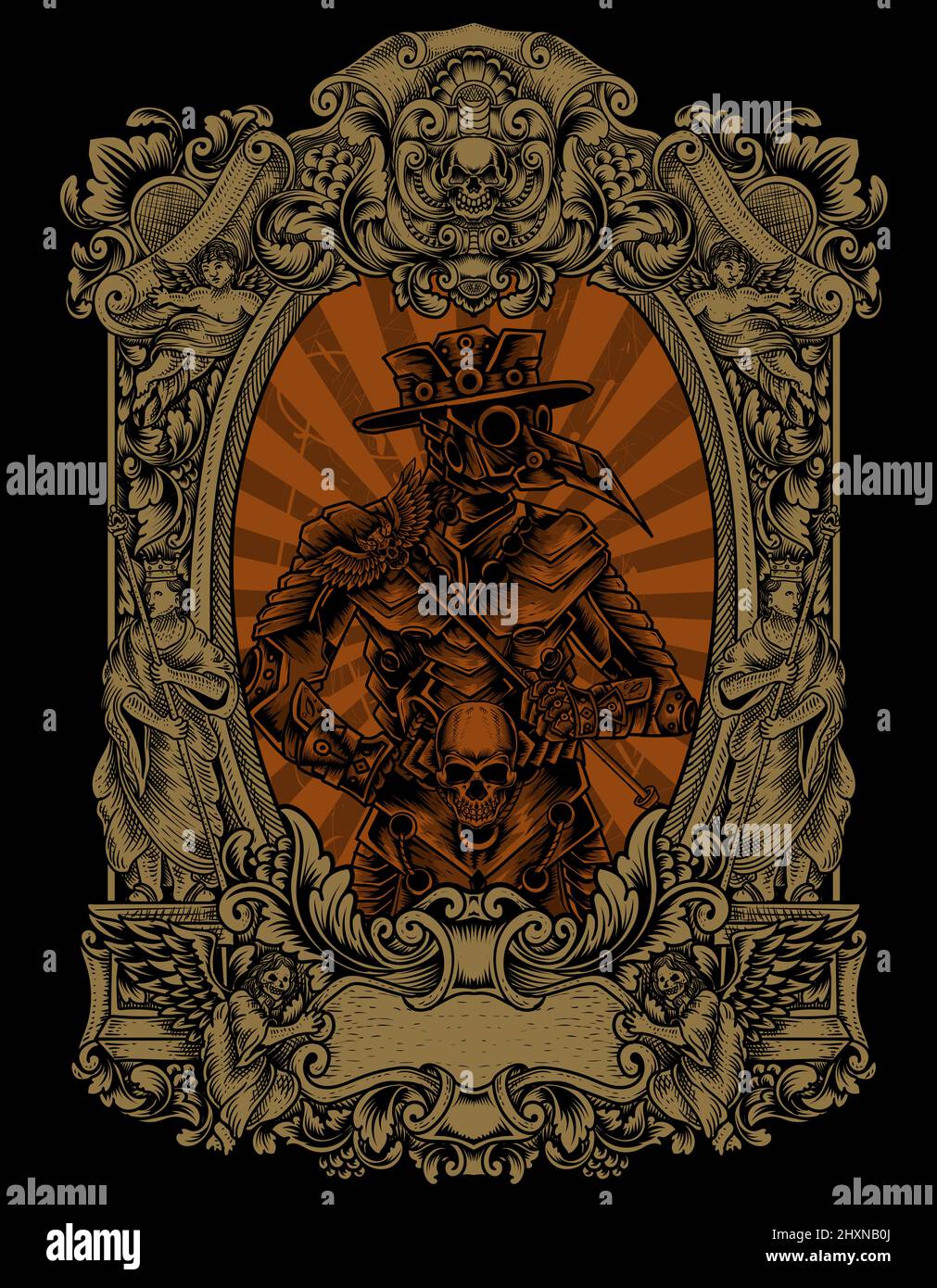 illustration cyborg plague doctor on engraving ornament frame Stock ...