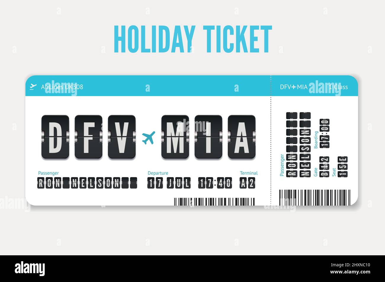 Airplane Flight ticket design with passenger name, date and destination isolated on white Stock Vector