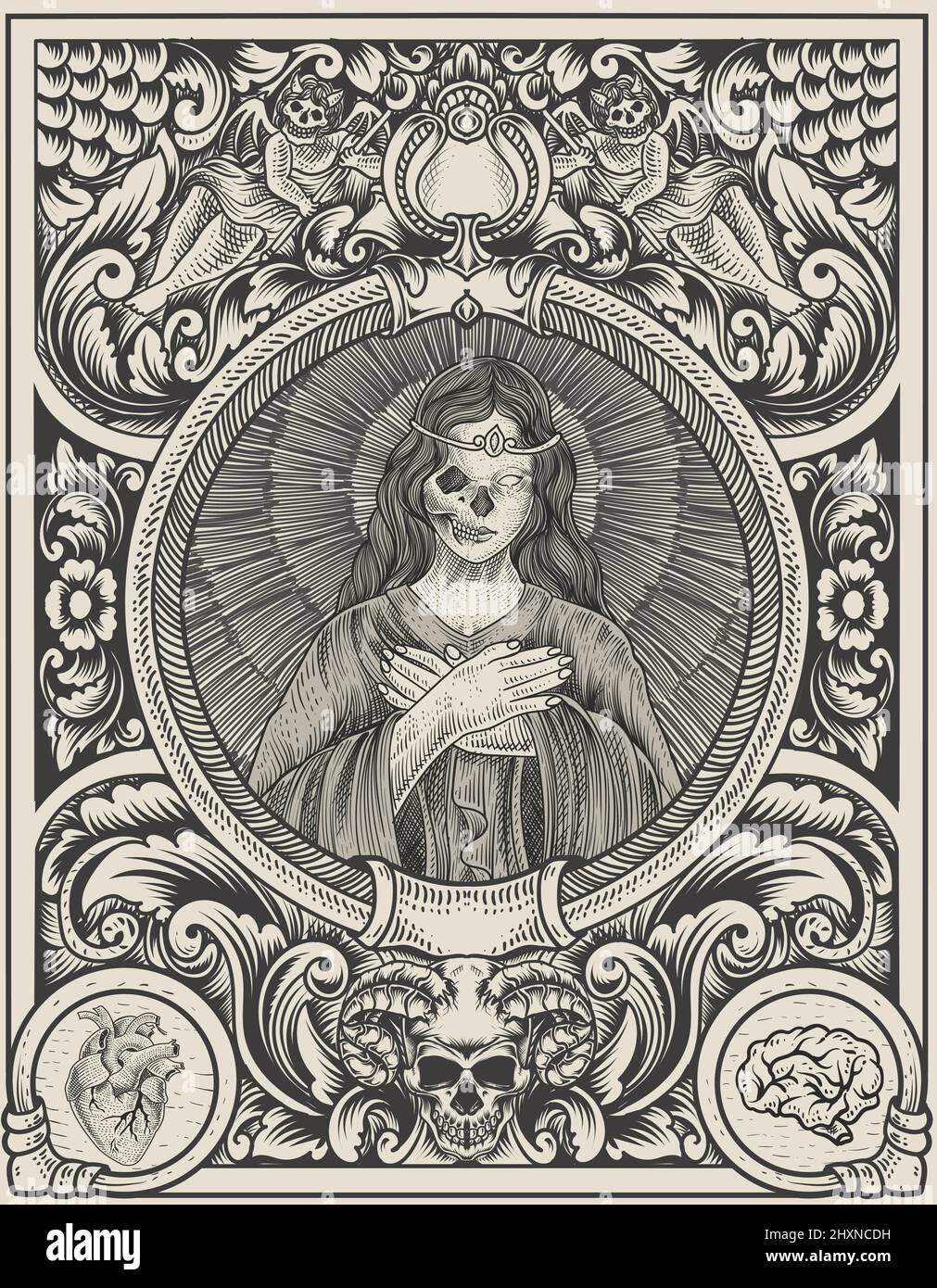 illustration santa maria skull with engraving style Stock Vector