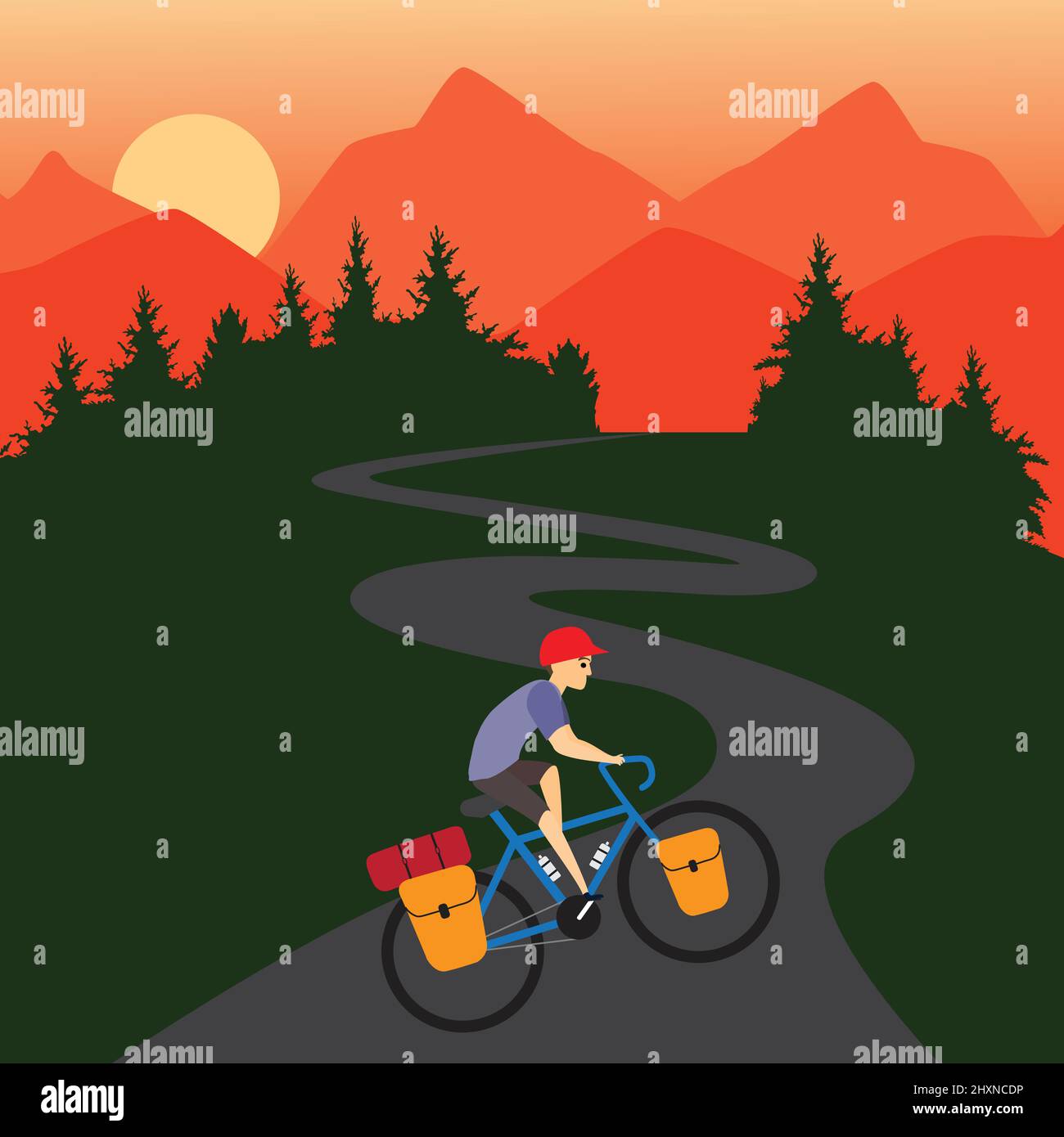 Rider cycling touring bike with bikepacking bags and tent on view of