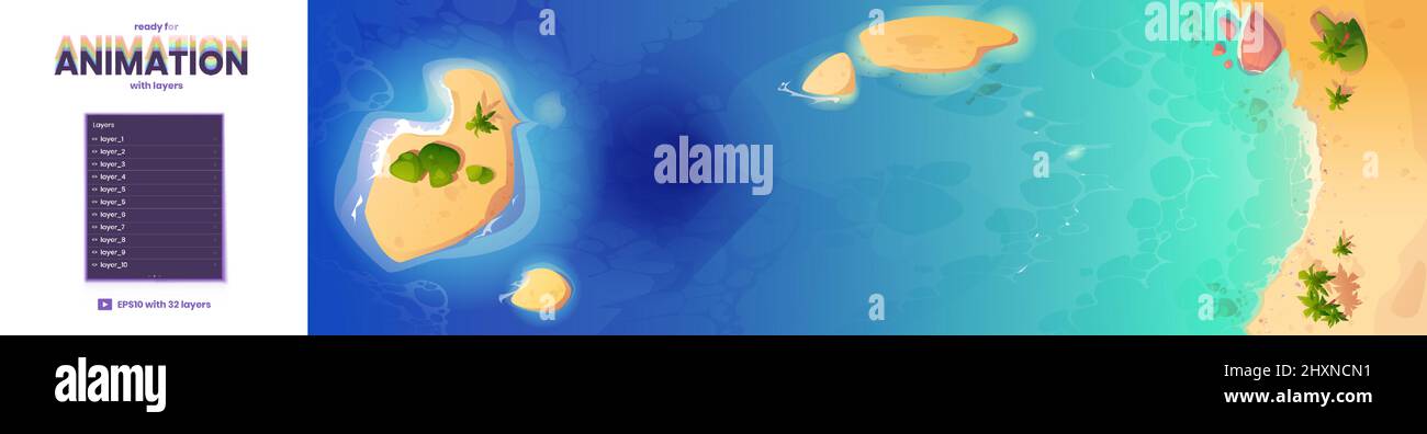 Sea beach top view parallax background for game animation with 2d separated layers. Tropical ocean coastline with palm trees and rocks in blue clean water nature landscape, Cartoon vector illustration Stock Vector