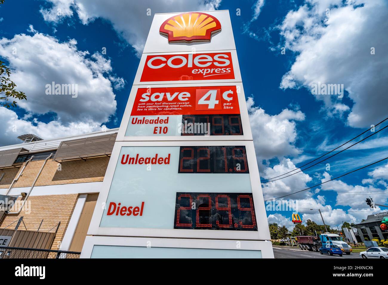 Brisbane, Queensland, Australia - Mar 14, 2022: Fuel prices at the local Shell Coles Express petrol station Stock Photo