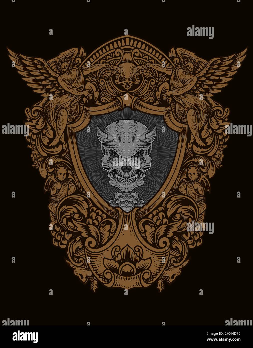 illustration demon skull with engraving ornament style Stock Vector ...